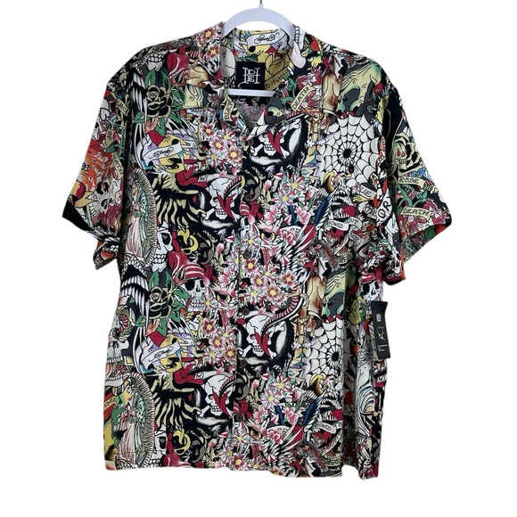 Ed Hardy Black Rose of Death Multicolor Graphic Polo Shirt Men’s Size L NWT - Picture 1 of 7